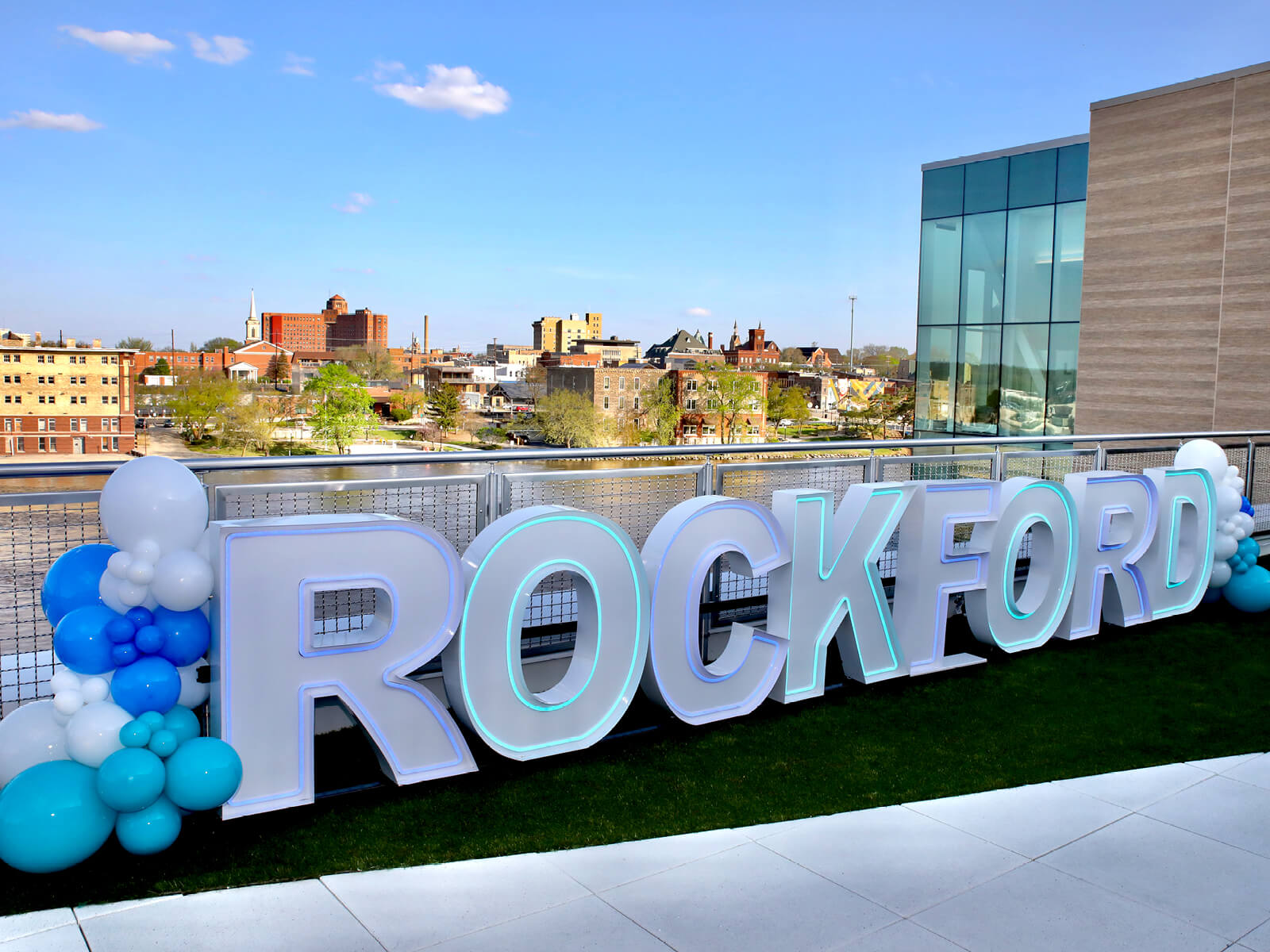 Rockford sign in front of Rock River